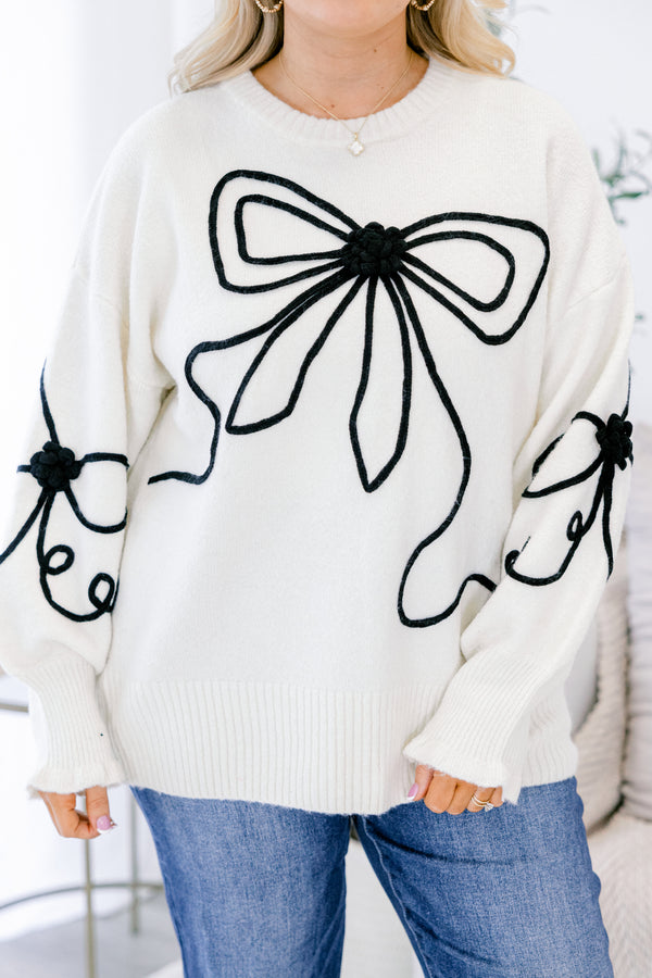Chic Soul plus size clothing, white long sleeve crew neck sweater with black piping bow detailing