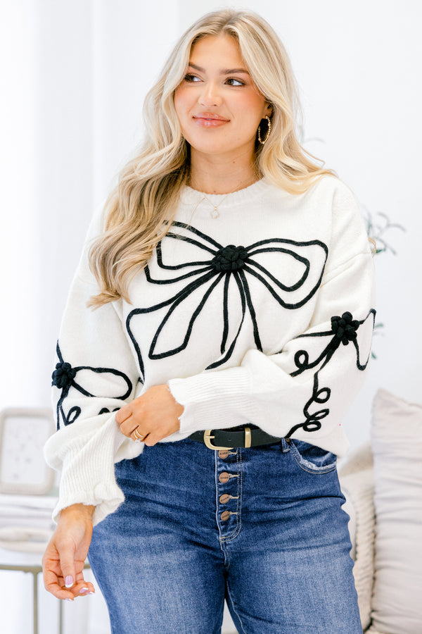 Chic Soul plus size clothing, white long sleeve crew neck sweater with black piping bow detailing