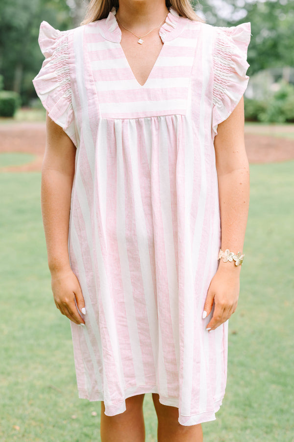 Plus Size pink and white striped dress with ruffle cap sleeves and a V-neckline.