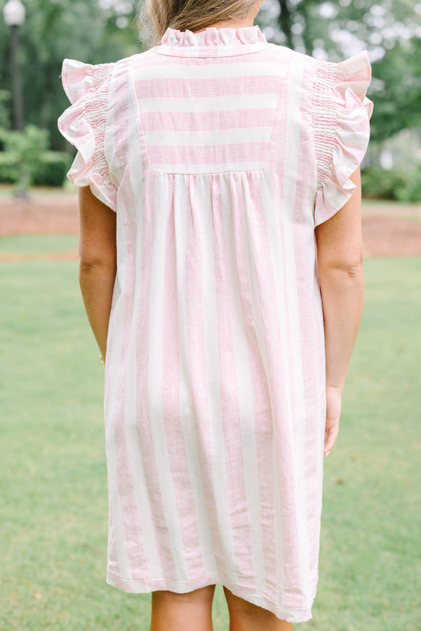 Plus Size pink and white striped dress with ruffle cap sleeves and a V-neckline.