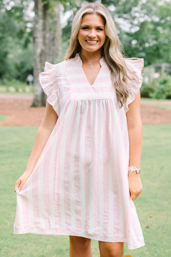 Plus Size pink and white striped dress with ruffle cap sleeves and a V-neckline.
