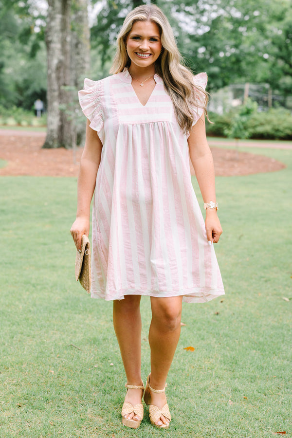 Plus Size pink and white striped dress with ruffle cap sleeves and a V-neckline.