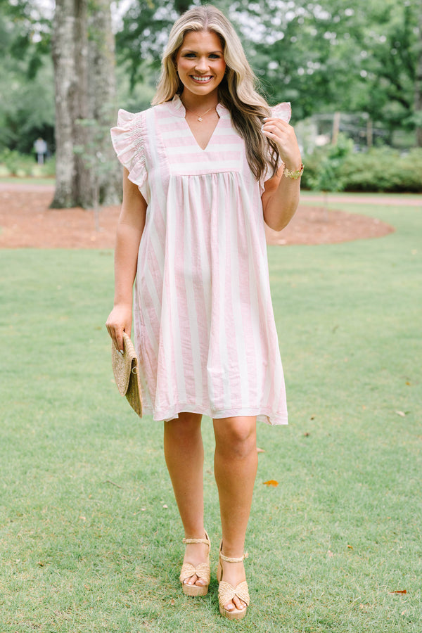 Plus Size pink and white striped dress with ruffle cap sleeves and a V-neckline.