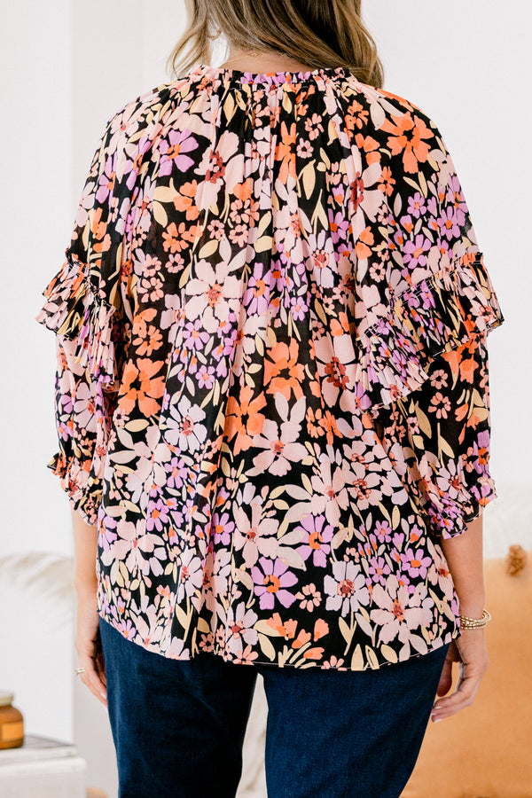 Chic Soul Plus size Clothing, Black multi-colored long sleeve top with a floral pattern and a slight v-neckline 
