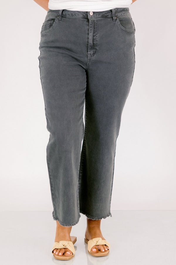 Chic Soul plus size clothing, black straight leg denim jeans with frayed hem