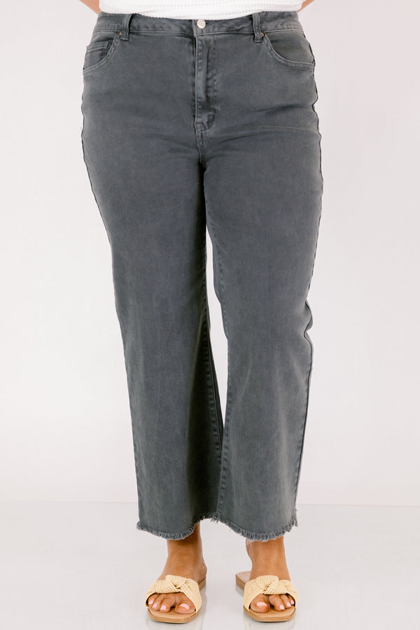 Chic Soul plus size clothing, black straight leg denim jeans with frayed hem