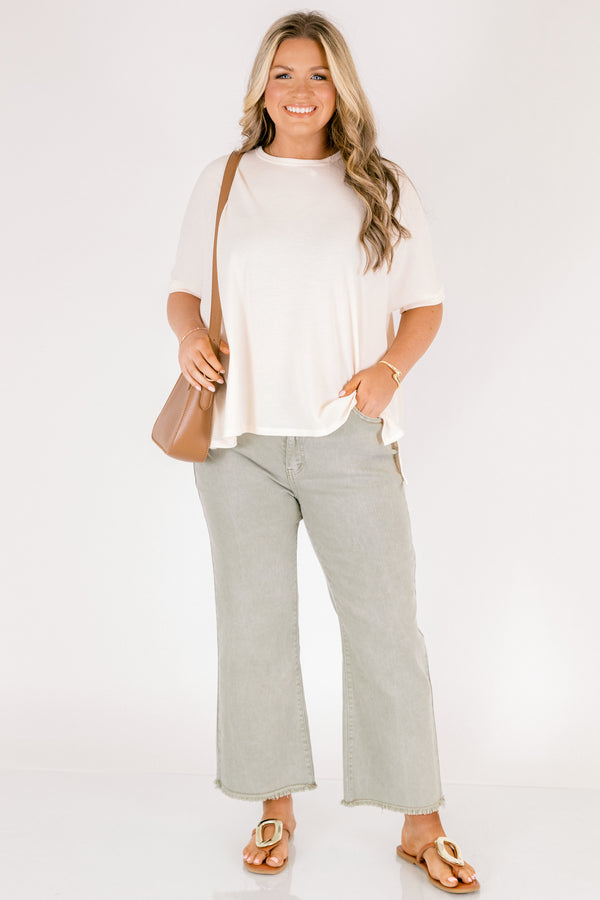 Chic Soul plus size clothing, light green straight cut jeans with distressed hem