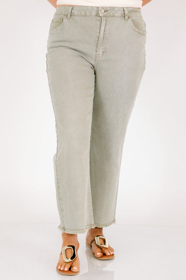 Chic Soul plus size clothing, light green straight cut jeans with distressed hem