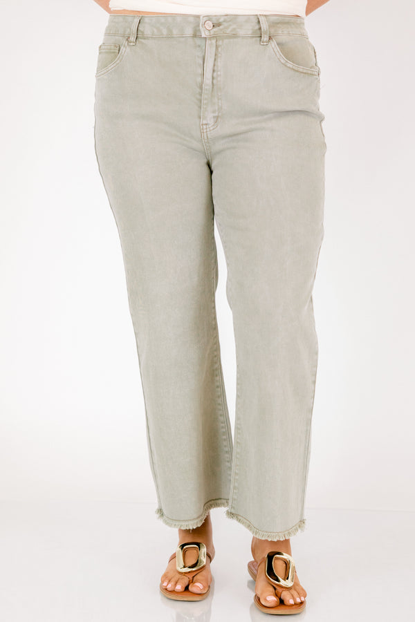 Chic Soul plus size clothing, light green straight cut jeans with distressed hem