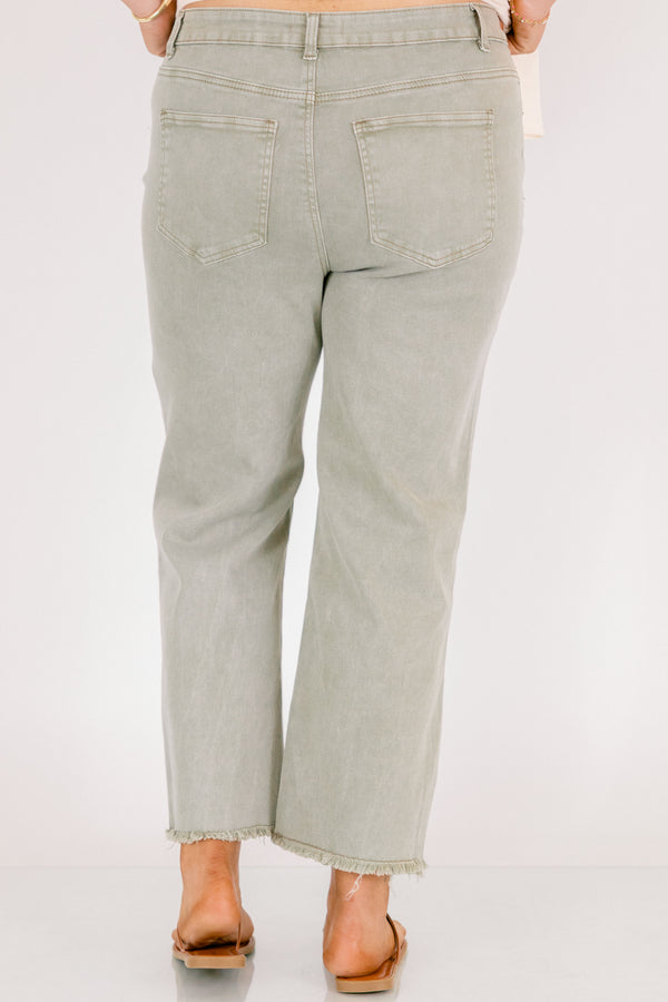 Chic Soul plus size clothing, light green straight cut jeans with distressed hem