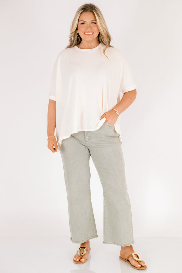 Chic Soul plus size clothing, light green straight cut jeans with distressed hem