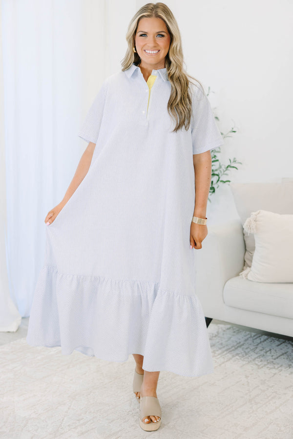 Plus Size blue and white striped midi dress with short sleeves, a collared neckline, and ruffle hem.