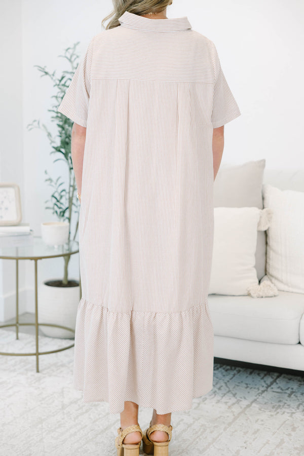 Plus Size brown striped midi dress with a collared neckline and tiered ruffle hem.