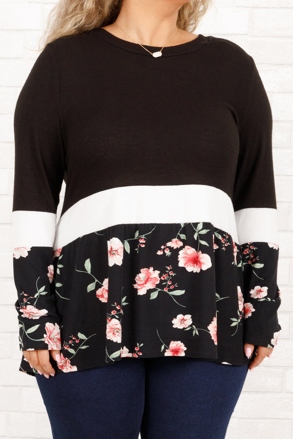 Chic Soul plus size clothing, black long sleeved top with stripe and floral patterned