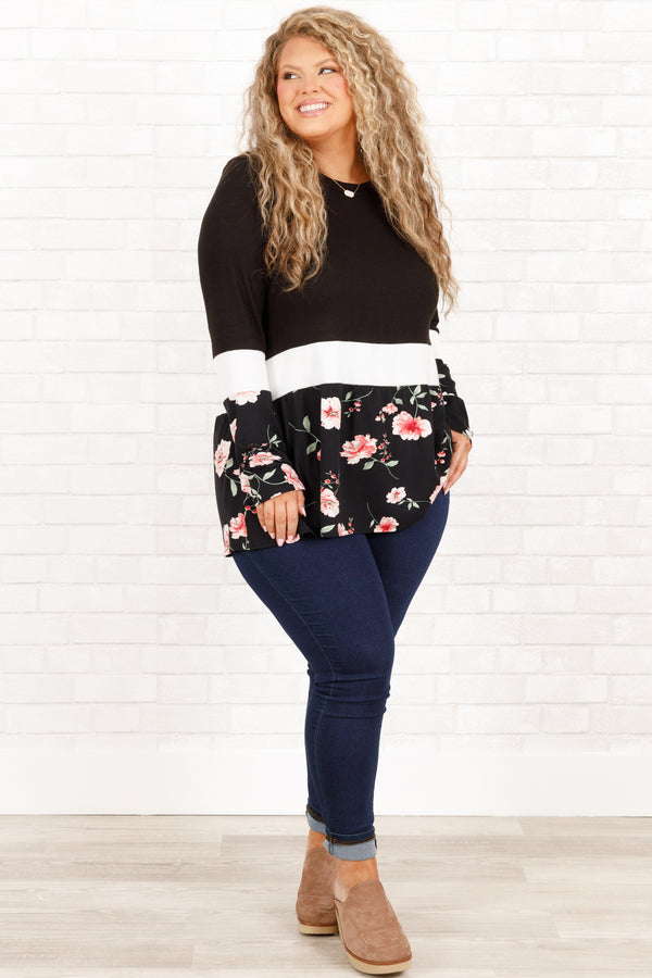 Chic Soul plus size clothing, black long sleeved top with stripe and floral patterned