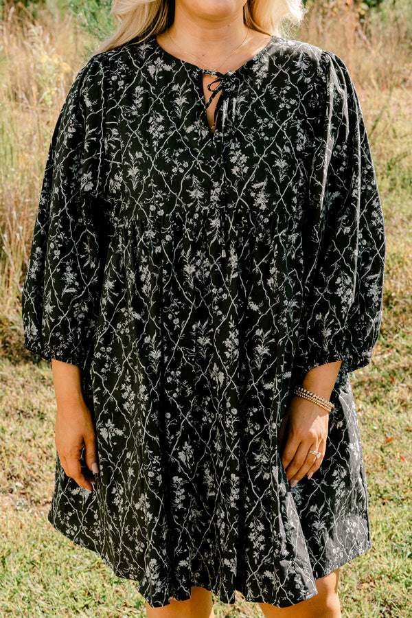 Chic Soul plus size clothing, black long sleeve tiered baby doll dress with white small floral print 