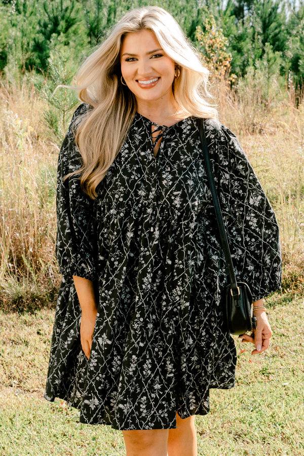 Chic Soul plus size clothing, black long sleeve tiered baby doll dress with white small floral print 