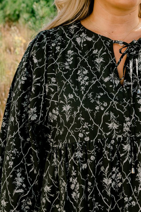 Chic Soul plus size clothing, black long sleeve tiered baby doll dress with white small floral print 