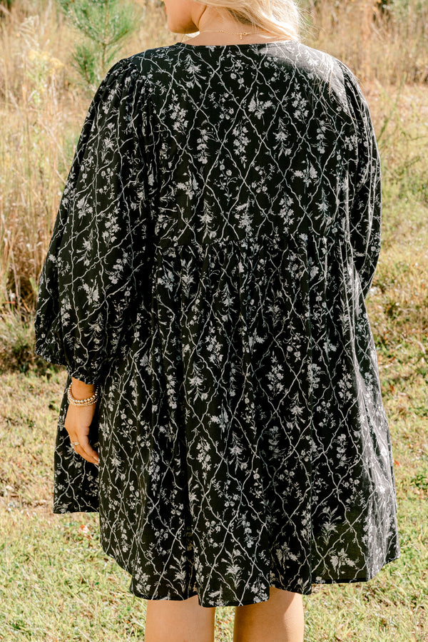 Chic Soul plus size clothing, black long sleeve tiered baby doll dress with white small floral print 