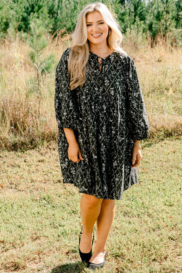 Chic Soul plus size clothing, black long sleeve tiered baby doll dress with white small floral print 