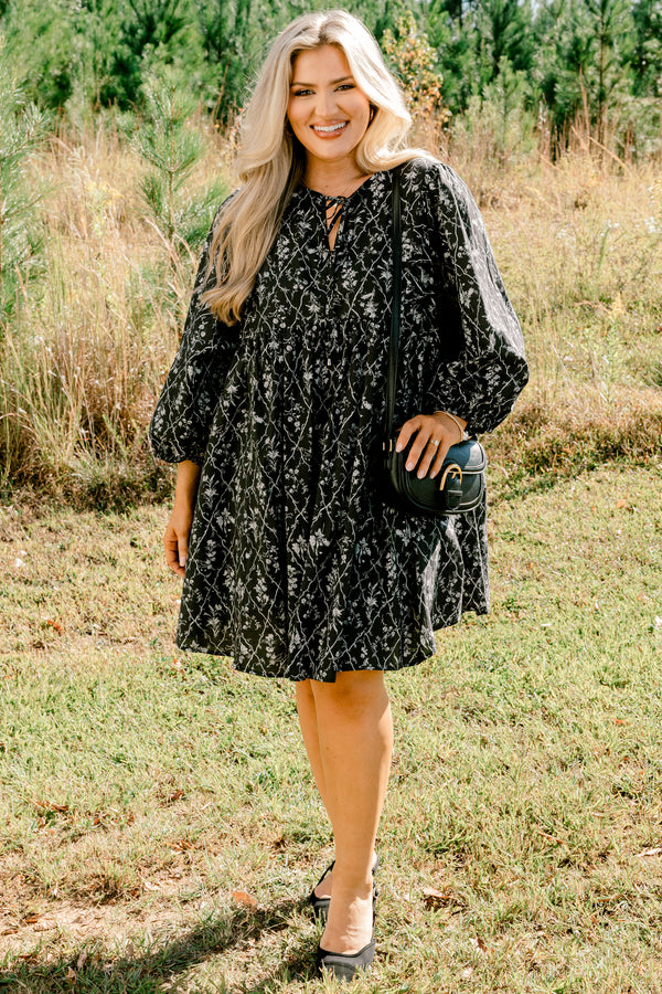 Chic Soul plus size clothing, black long sleeve tiered baby doll dress with white small floral print 