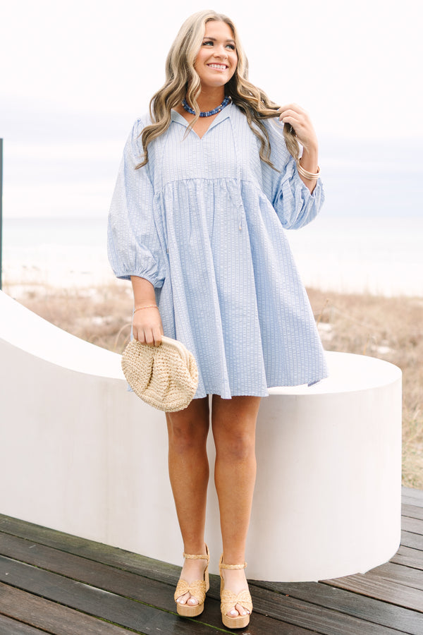 Chic Soul plus size clothing, blue striped knee length dress with half bubble sleeves and a slight open v-neck 