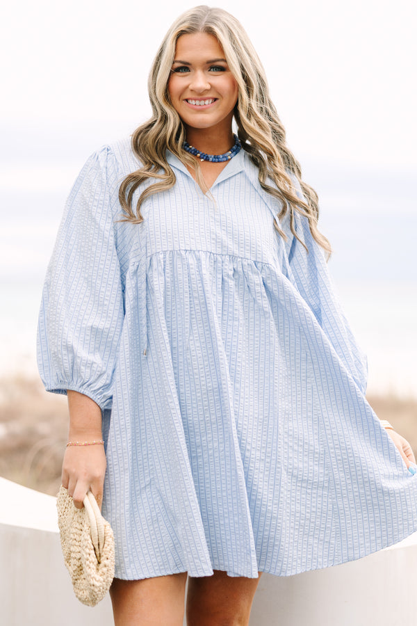 Chic Soul plus size clothing, blue striped knee length dress with half bubble sleeves and a slight open v-neck 