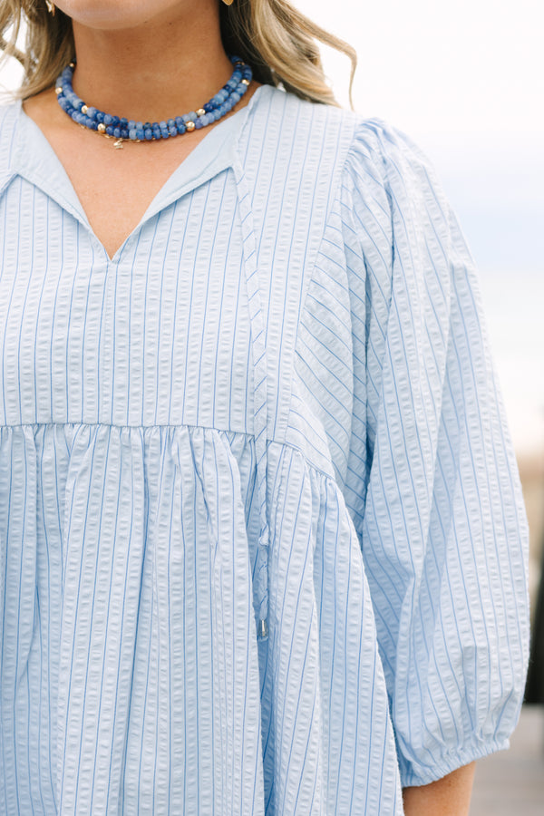 Chic Soul plus size clothing, blue striped knee length dress with half bubble sleeves and a slight open v-neck 