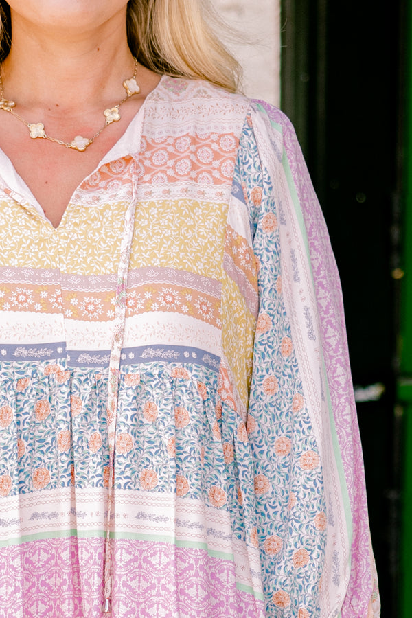 Chic Soul plus size clothing, Multi-colored babydoll dress with long sleeves and a geometric block pattern 