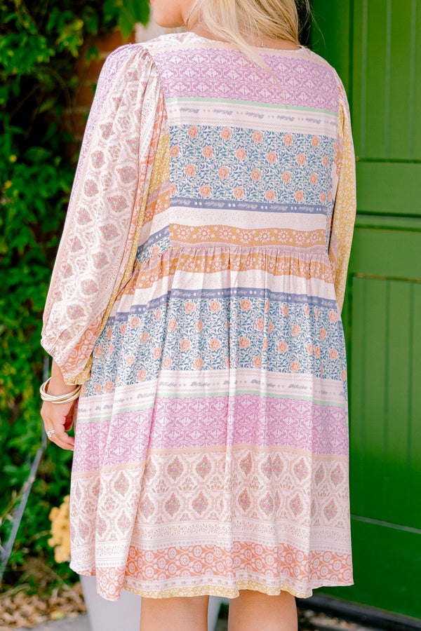 Chic Soul plus size clothing, Multi-colored babydoll dress with long sleeves and a geometric block pattern 