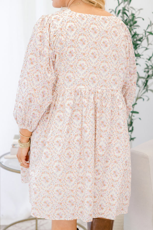 Chic Soul plus size clothing, long sleeve cream and floral print short babydoll dress