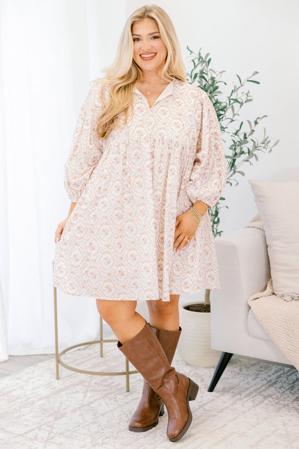 Chic Soul plus size clothing, long sleeve cream and floral print short babydoll dress