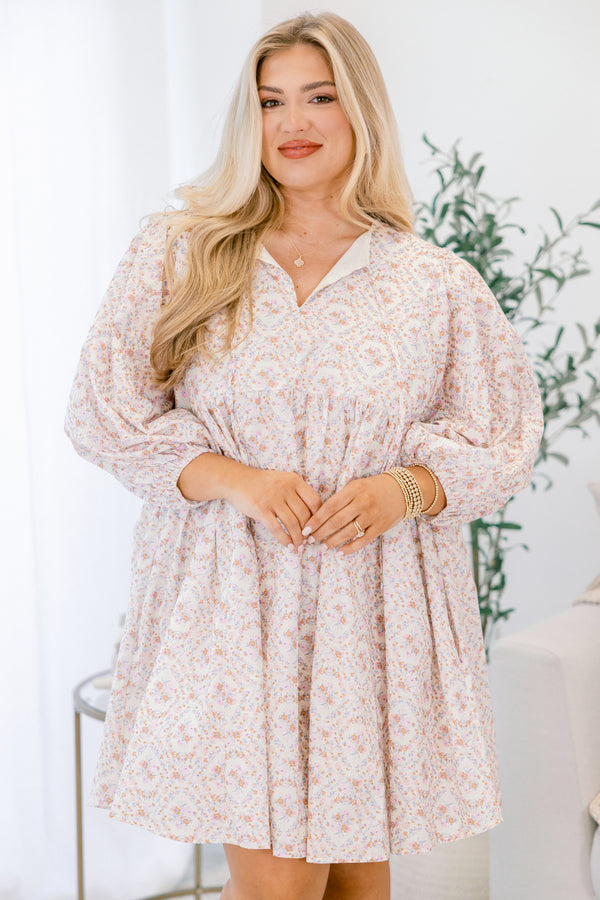 Chic Soul plus size clothing, long sleeve cream and floral print short babydoll dress