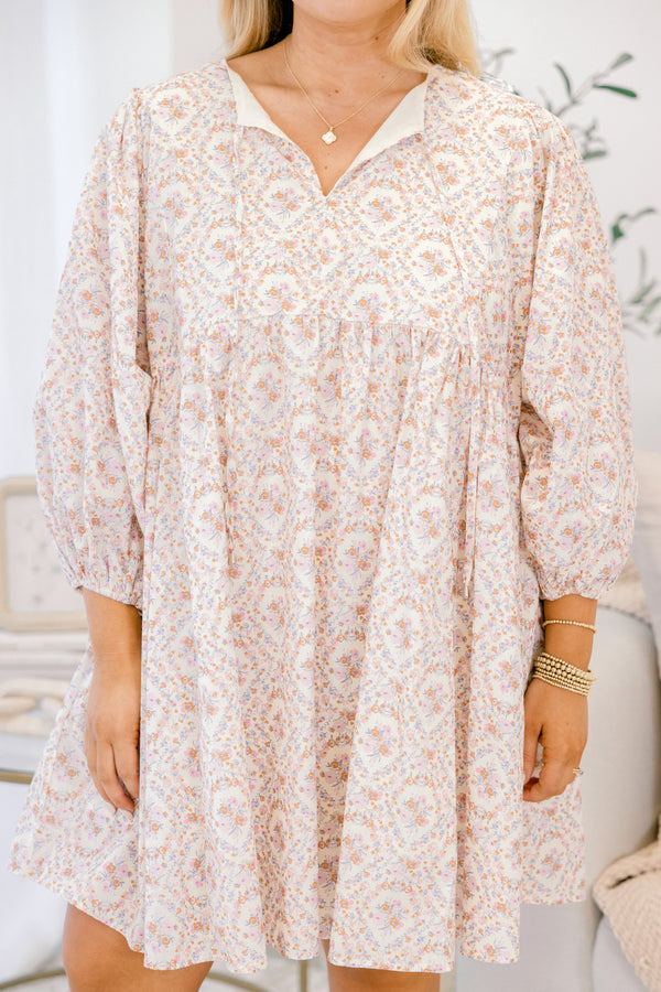 Chic Soul plus size clothing, long sleeve cream and floral print short babydoll dress