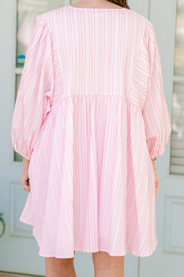 Chic Soul plus size clothing, long-balloon-sleeve pink and white striped short baby doll dress with a split-v-neckline 