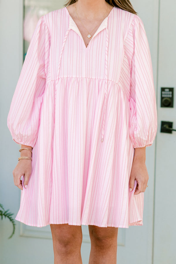 Chic Soul plus size clothing, long-balloon-sleeve pink and white striped short baby doll dress with a split-v-neckline 