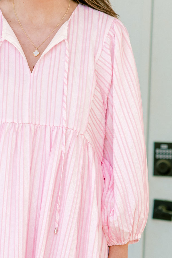 Chic Soul plus size clothing, long-balloon-sleeve pink and white striped short baby doll dress with a split-v-neckline 