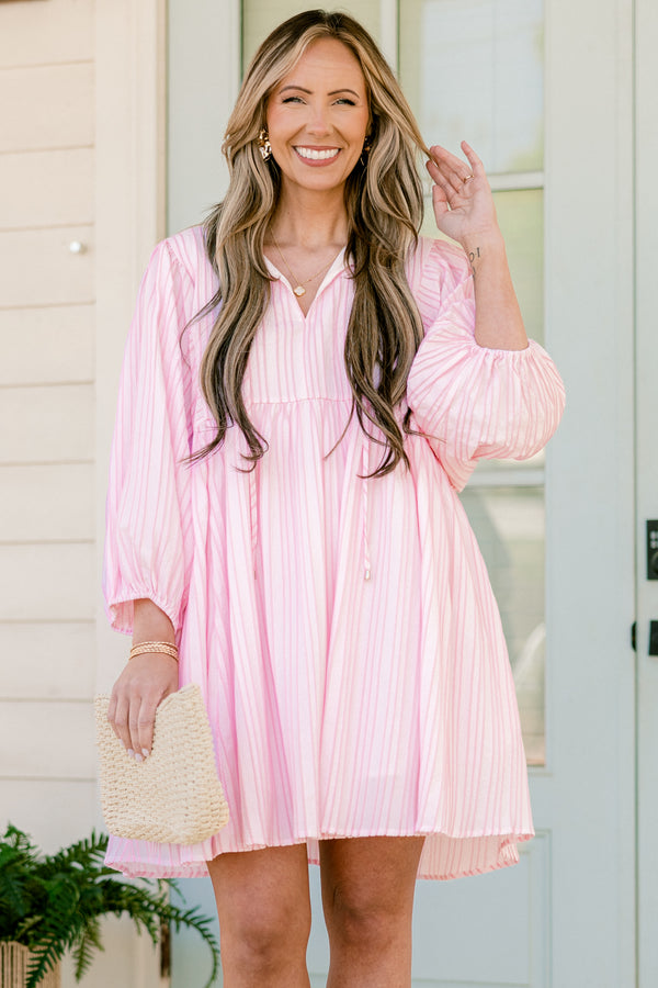 Chic Soul plus size clothing, long-balloon-sleeve pink and white striped short baby doll dress with a split-v-neckline 