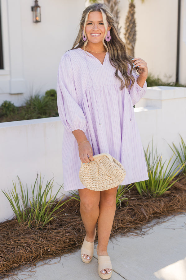 Chic Soul plus size clothing, purple striped dress with long bubble sleeves and a slight v-neckline 