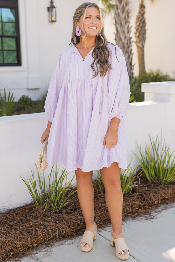 Chic Soul plus size clothing, purple striped dress with long bubble sleeves and a slight v-neckline 