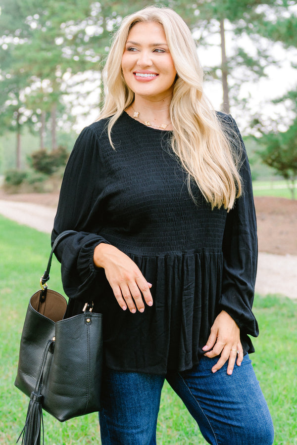 Chic Soul plus size clothing, black long sleeve baby doll top with a textured pattern on the chest area 