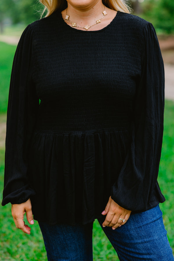 Chic Soul plus size clothing, black long sleeve baby doll top with a textured pattern on the chest area 