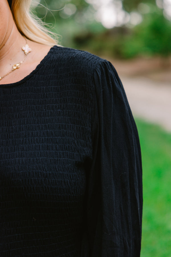 Chic Soul plus size clothing, black long sleeve baby doll top with a textured pattern on the chest area 