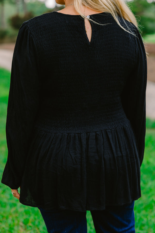 Chic Soul plus size clothing, black long sleeve baby doll top with a textured pattern on the chest area 
