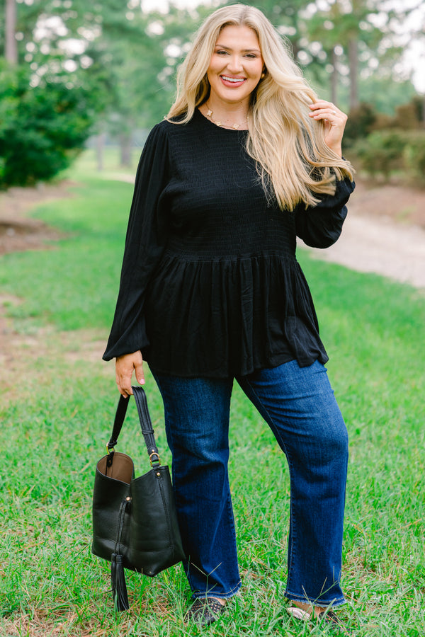 Chic Soul plus size clothing, black long sleeve baby doll top with a textured pattern on the chest area 