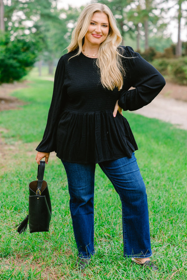 Chic Soul plus size clothing, black long sleeve baby doll top with a textured pattern on the chest area 