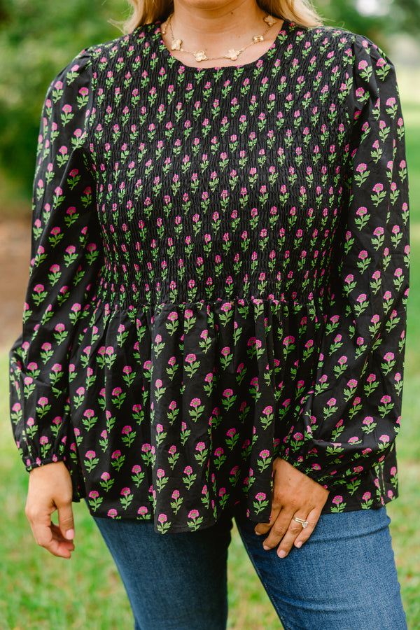 Chic Soul plus size clothing, black long bubble sleeve top with rouching on the chest and flowy peplum bottom and pink floral print