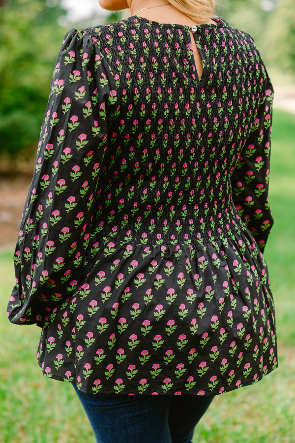 Chic Soul plus size clothing, black long bubble sleeve top with rouching on the chest and flowy peplum bottom and pink floral print