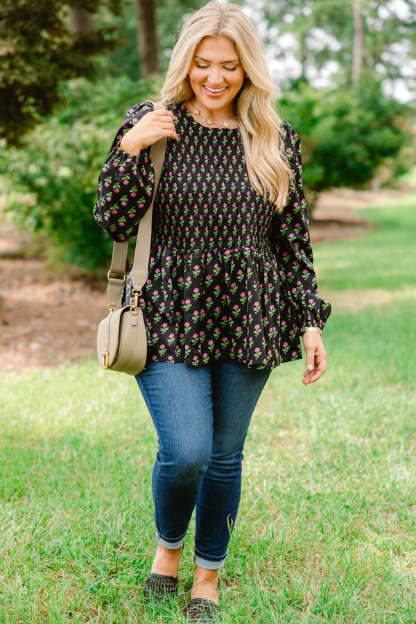 Chic Soul plus size clothing, black long bubble sleeve top with rouching on the chest and flowy peplum bottom and pink floral print