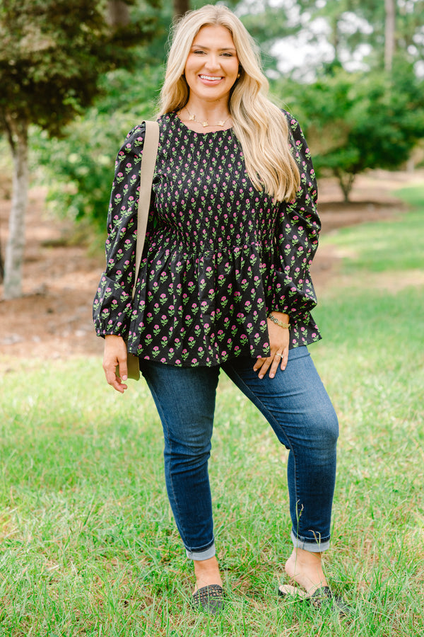 Chic Soul plus size clothing, black long bubble sleeve top with rouching on the chest and flowy peplum bottom and pink floral print